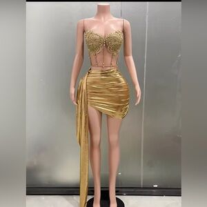 Gold Color Women Sexy 2 Pieces Strapless Bodycon Mini Dress